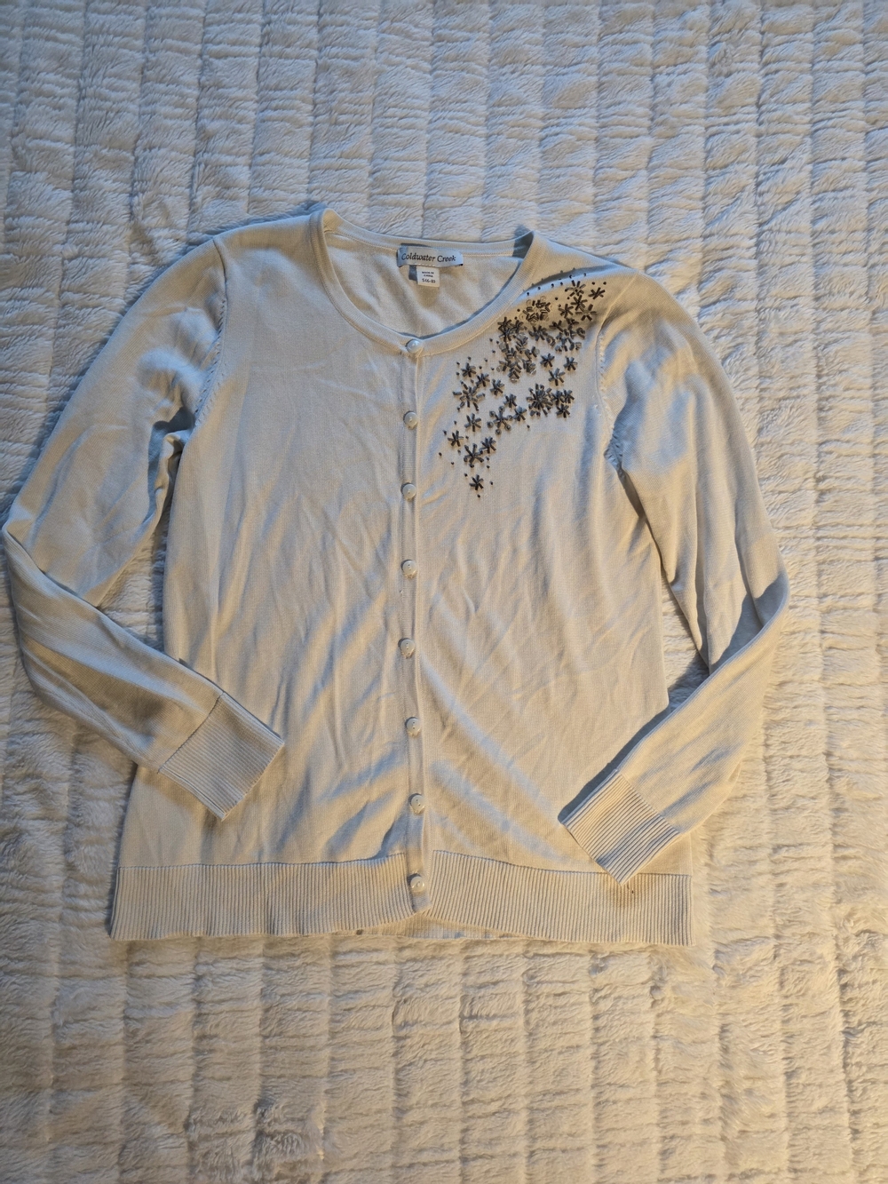 Coldwater Creek Cream Cardigan with Black Beaded Floral Accent